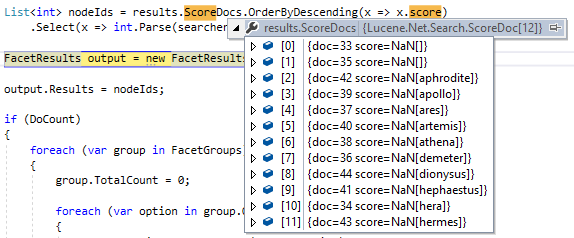 screenshot from Visual Studio - Examine Index ScoreDocs fields null