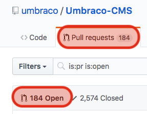 Shows Umbraco's Open Pull Requests