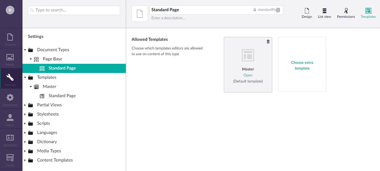 Template selection for Standard Page Document Type