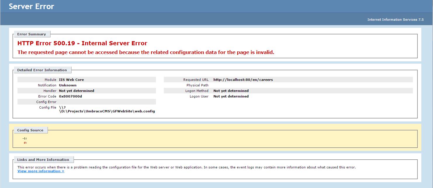 IIS error after making the changes to web.config